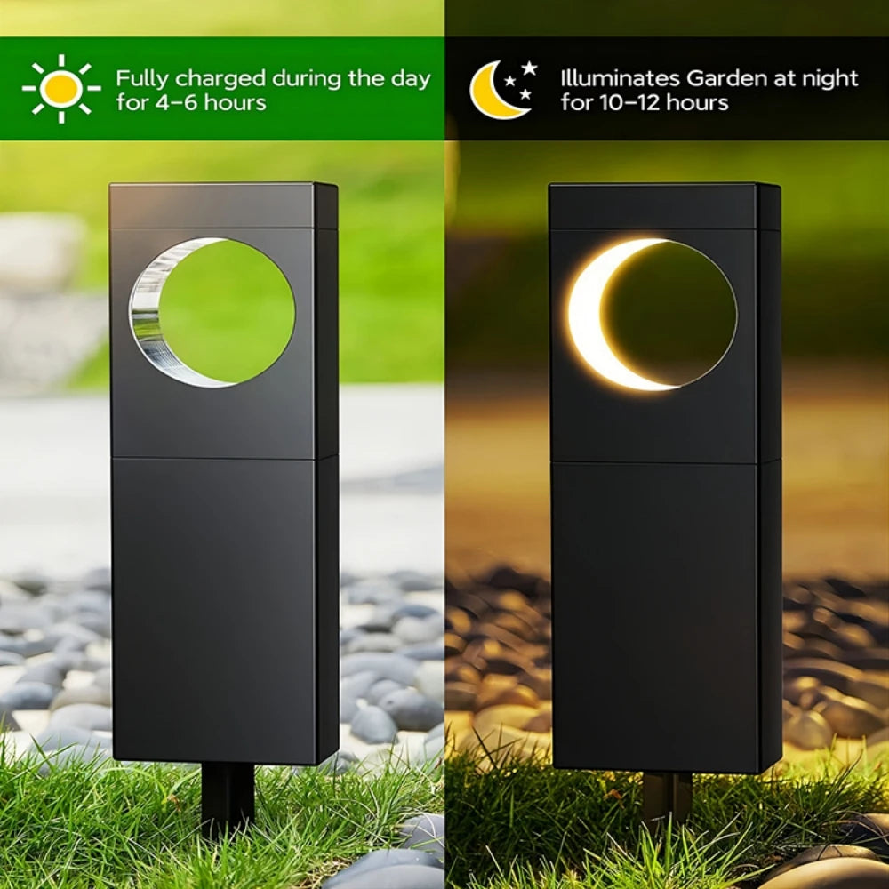 Solar-powered outdoor light fixture with charging and illumination time text on a green and brown background.