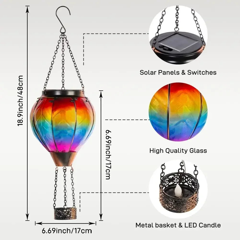 Solar-powered hanging lantern with detailed specifications on a white background