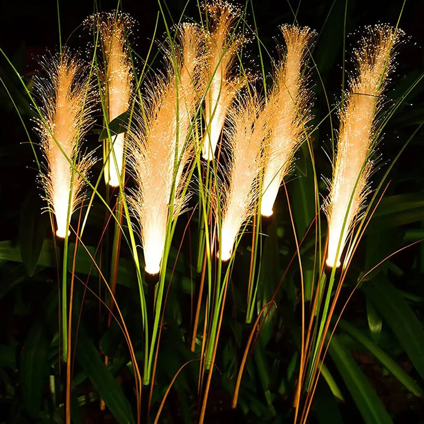 Decorative lights embedded in tall grasses against a dark background