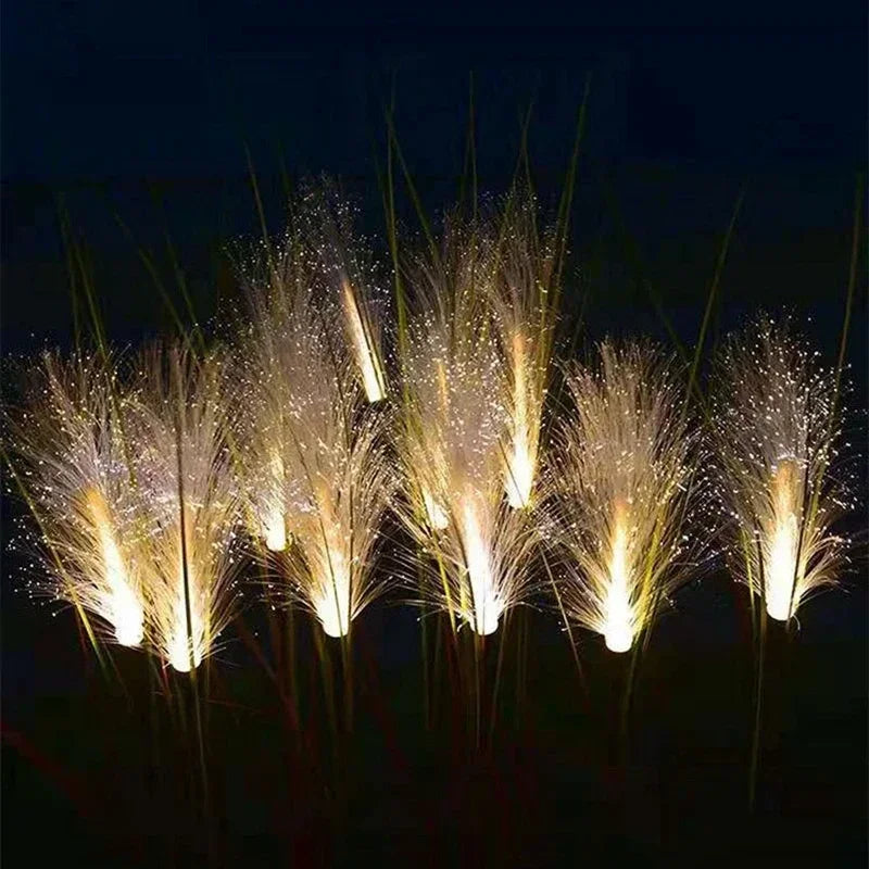 Decorative lights embedded in grass against a dark background