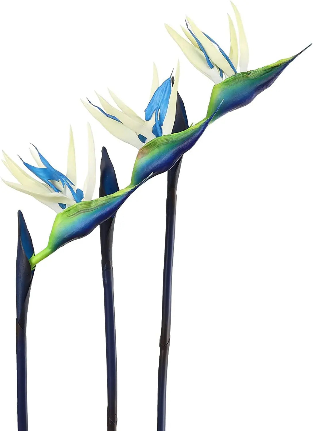 Artificial bird of paradise flowers with blue and green leaves on a white background