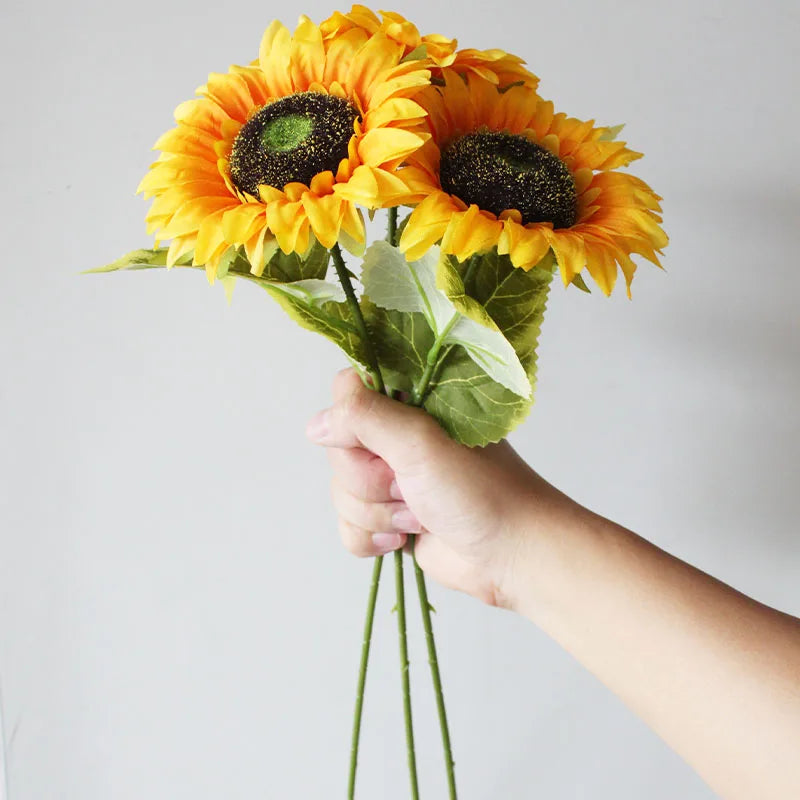 Hand holding a bouquet of sunflowers against a plain background
