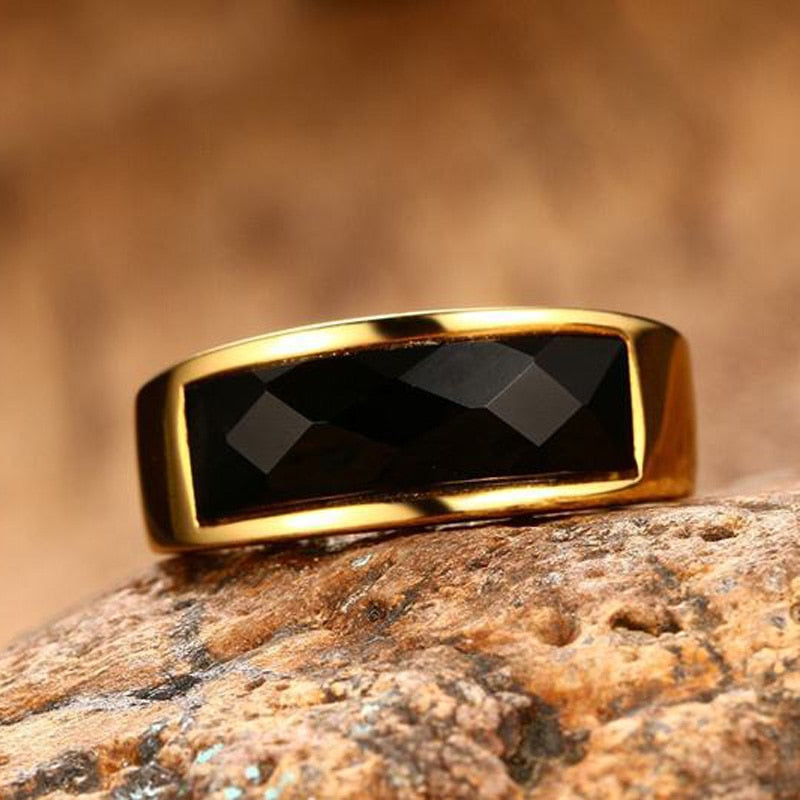 Men's black + gold ring - Carnelian stone